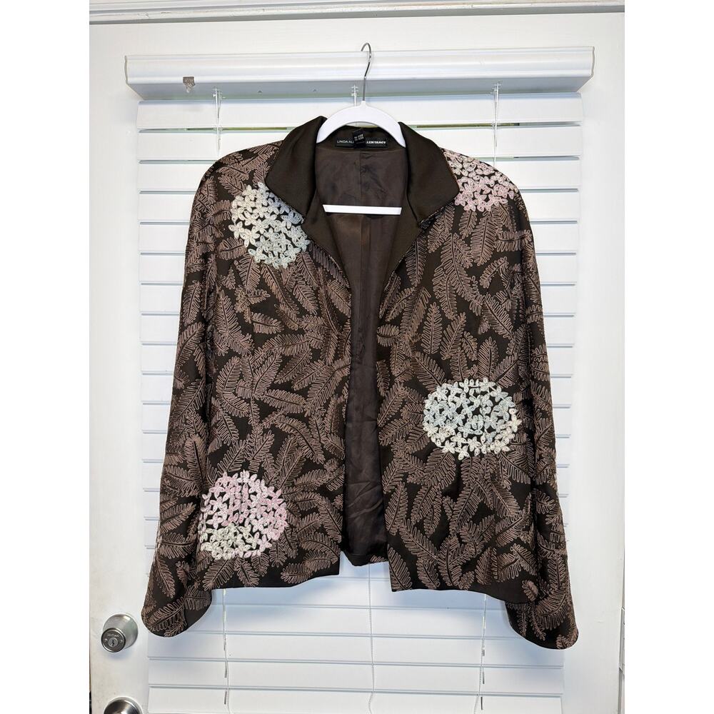 Linda Allard Ellen Tracy Embroidered Wool Jacket Brown Floral Size 14